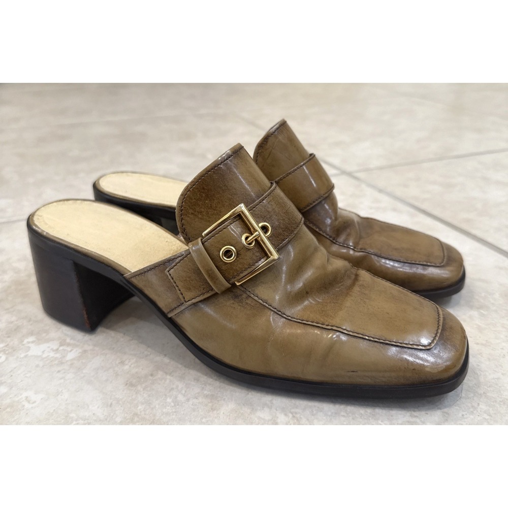 VTG Loafer Heels Mules Brown Leather Square Toe Block Heel Shoes Size 9.5 US